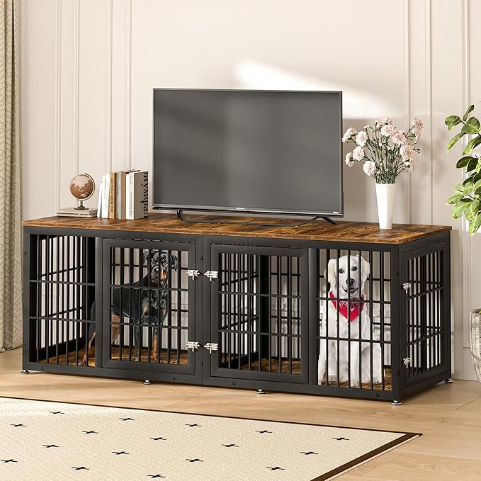 78 Inch Double Dog Crate Furniture, Heavy Duty Extra Large Cage Furniture with Divider for 2 Dogs, Decorative Wooden Kennel Furniture Indoor, Metal Pet House for Large and Medium Dogs