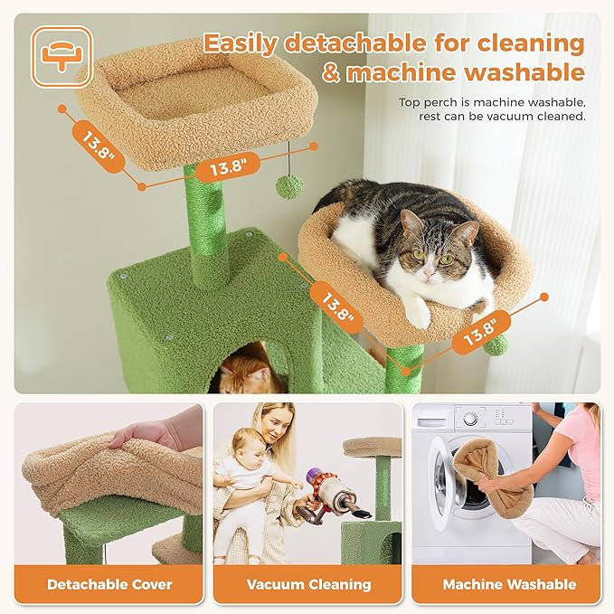 PAWZ Road 70 Inch Cat Tower, Cactus Cat Tree with 2 Cozy Condos, 2 Plush Perch, Large Basket, 2 Scraching Pad & 6 Scraching Posts for Indoor Cats Large Adult