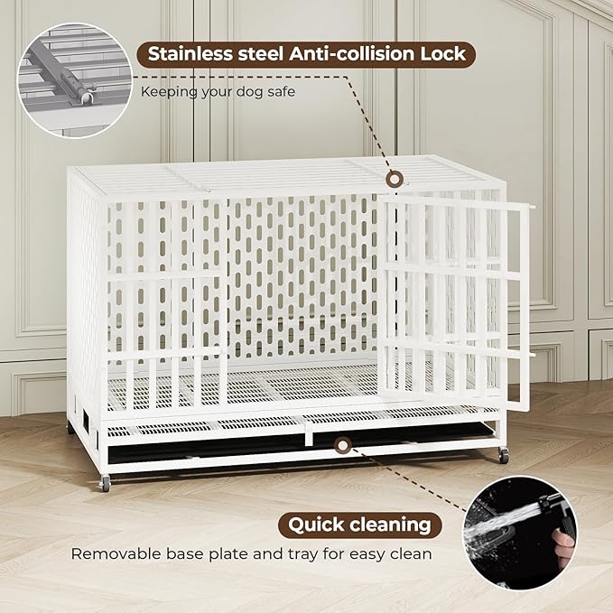 48 Inch Heavy Duty Indestructible Dog Crate Steel Escape Proof, Indoor Double Door High Anxiety Cage, Kennel with Wheels, Removable Tray,White,Extra Large XL XXL