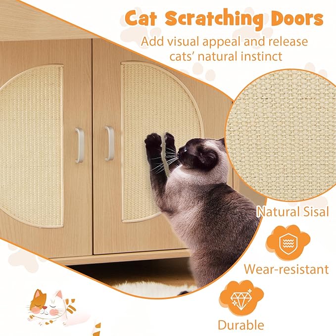 Tangkula Litter Box Enclosure, Hidden Cat Washroom with Drawer, Sisal Scratching Doors, Adjustable Metal Feet, Modern Cat Litter Cabinet Storage Bench, Double Enclosed Litter Box Furniture
