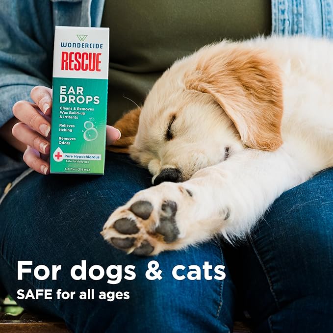 Wondercide Rescue - Ear Drops for Pets - Cleans and Removes Wax Build-Up and Irritants for Dogs and Cats - Relieves Itching and Redness with Pure Hypochlorous - 4 oz