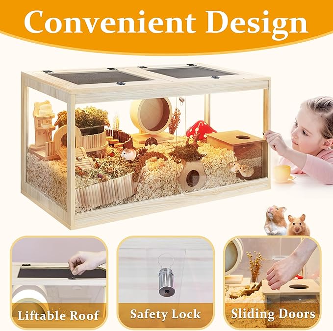 Hamster Cage with Openable Metal Mesh Top,Solid Built Hamster Enclosure with Lock Design for Gerbil Cage,Hamster Habitat Chewproof with Transparent Panels (24"x16"x16")