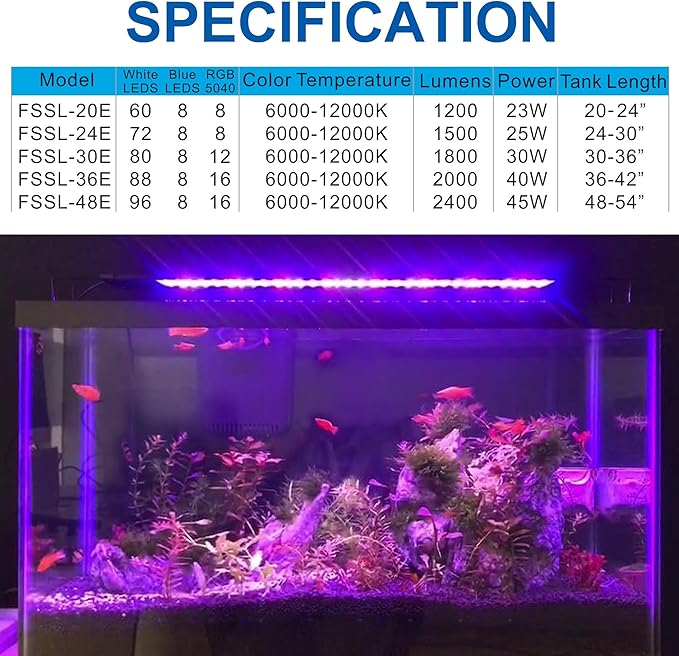 OYO WATER Aquarium LED Light 24"-32" with Timer, 24/7 Cycle, 5 Dimmable Brightness, Sunrise/Sunset Simulation for 10/20/30/55 Gallon Fish Tank