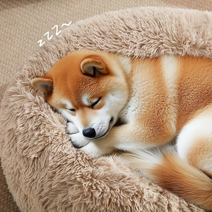 Love's cabin Calming Dog & Cat Bed, Cat Bed for Indoor Cats,Anti-Anxiety Donut Round Dog Bed,Fluffy Faux Fur Washable Bed for Small Medium Pet,Beige,Taupe,30"