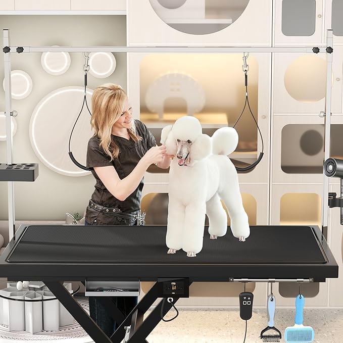 Electric Pet Grooming Table for Large Dogs - Professional Heavy Duty Height Adjustable Pet Grooming Station with Anti Slip Tabletop, Two Nooses & Tool Organizer, Maximum Capacity Up to 250 lbs Black