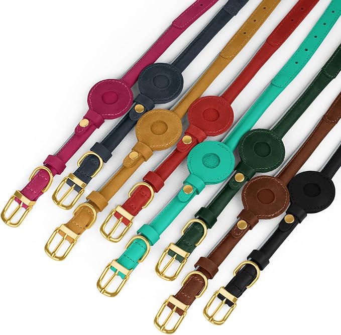OOPSDOGGY Rolled Leather Dog Collar with Airtag Holder - Reflective Round Airtag Dog Collar - Soft Tracking Pet Collar for Small Dogs Puppy Cats Kitten (Camel, M, 12"-15")