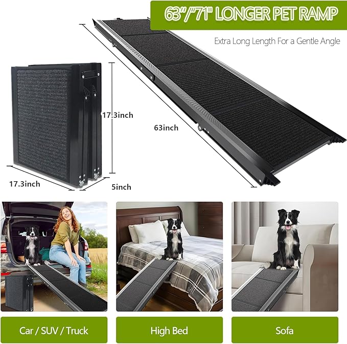 Dog Ramp for Cars SUV Truck-17.3x71in Heavy Duty Foldable Wide Outdoor Pet Stairs with Non-Slip Surface Portable Folding Design for Large Dogs Up to 250lbs (63" L x 17.3" W)