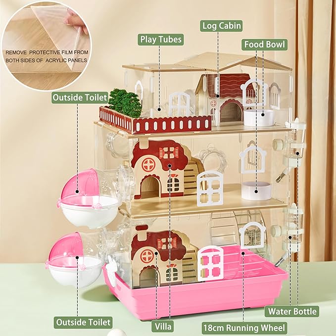17 in 1 Clear Acrylic Hamster Cage with All Accessories,13.5''L* 10''W* 21''H Dwarf Hamster Cage,Magnetic Connection Small Hamster Enclosure,Garden Style Wooden Mouse Cage for Pet Mice(3-Layer,Pink)