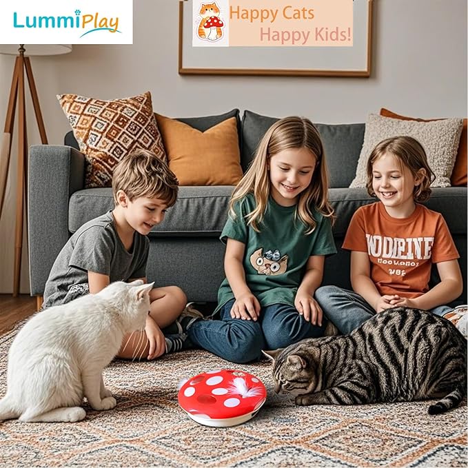 Interactive Cat Toy Automatic Mushroom - Whack-a-Mole Game with Rotating Feathers for Indoor Cats, Hide & Seek Rechargeable Toys Boredom Relief Adult Kittens, Safe Chew Proof Design (Red)