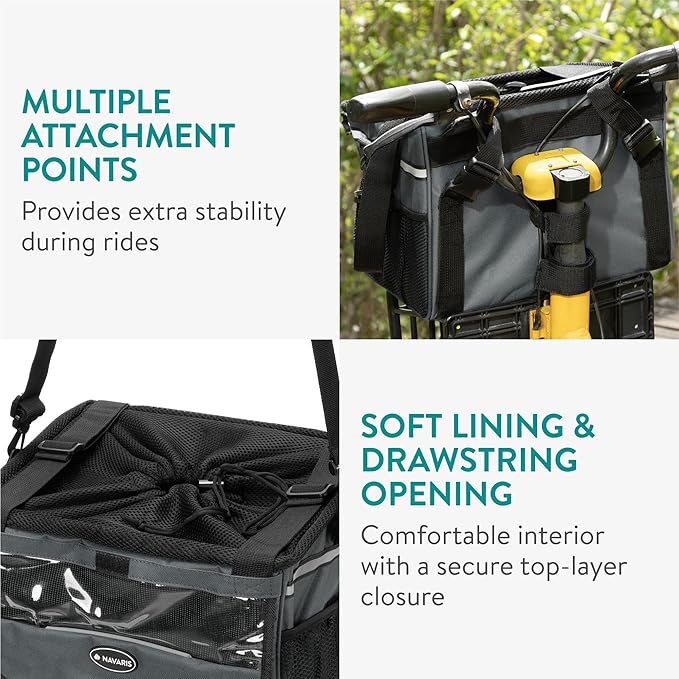 Navaris Pet Carrier for Bikes - Bike Basket Dog Carrier - Ideal Carriers for Small to Medium Dogs Up to 10kg (22lbs) - Drawstring Bag with Secure Locks and Strap - Grey