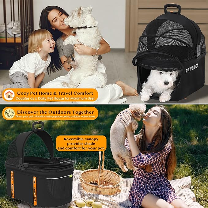 PAWZIDEA Pet Stroller 4 in 1, Dog Strollers for Small/Medium Dogs/Cats with Detachable Carrier NO-Zip Canopy, Seatbelt Puppy Car Seat Combo, Foldable & Lightweight Jogger Cat Strollers, Storage Basket