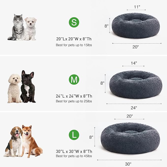Love's cabin Calming Cat Bed for Indoor Cats, Anti-Anxiety Donut Round Dog Bed, Fluffy Faux Fur Washable Pet Bed for Small Medium Dogs and Cats,Bluish Grey,20in