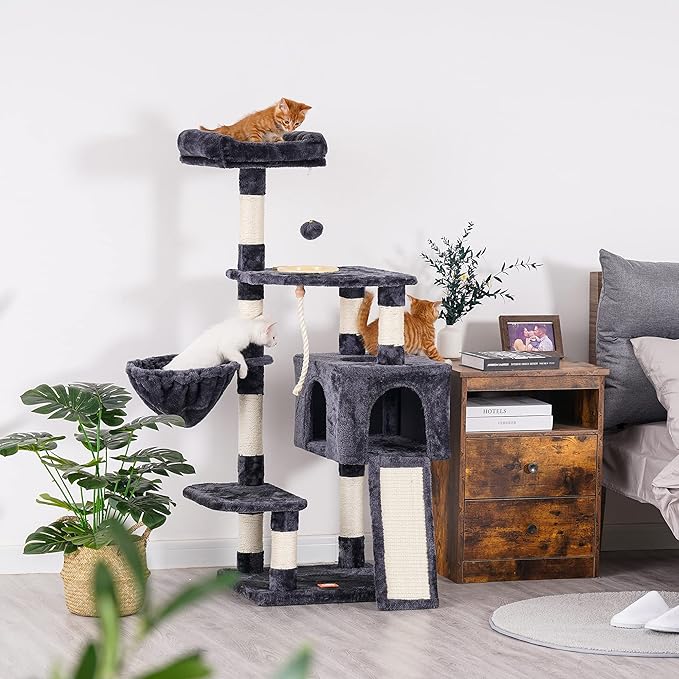 Heybly Cat Tree, Cat Tower for Indoor Cats with Scratching Board, Multi-Level Cat Furniture Condo with Feeding Bowl, Smoky Gray HCT010G