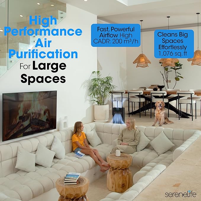 SereneLife HEPA Air Purifier for Home – Smart WiFi & App Control, Ultra-Quiet Air Purifier for Bedrooms & Large Rooms, Removes Dust, Pet Hair & Odors, Ideal for Pets & Allergies (1,076 Sq Ft, Black)