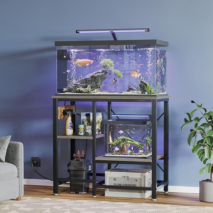 20-29 Gallon Fish Tank Stand with Power Outlets, 30.7 x 13.8 Metal Aquarium Stand with 3-Tiers Adjustable Storage Shelves, 6-Legs Reptile Terrarium Stand, 400 LBs