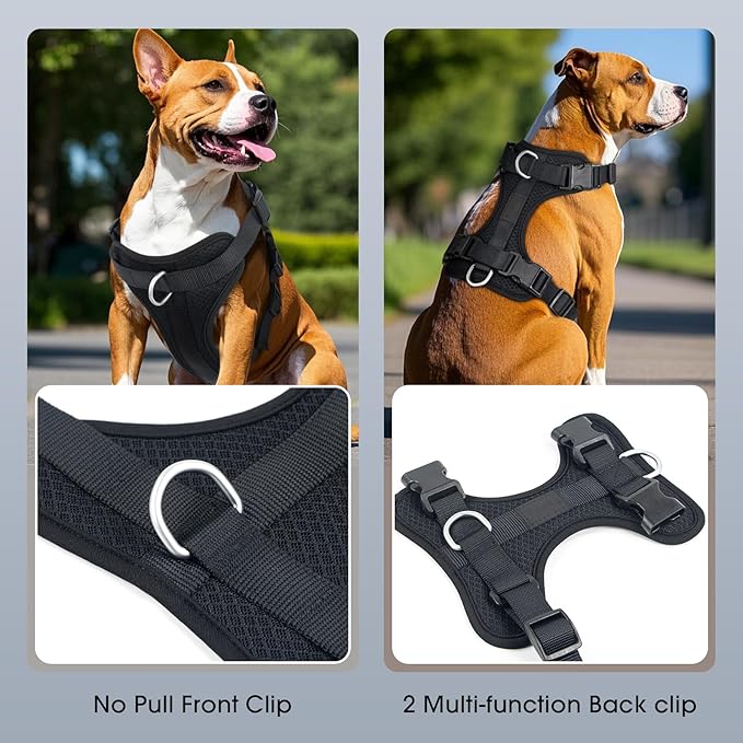 Wisedog Mesh Breathable Dog Harness: No Pull Harness with 3 Fast-Release Buckles Adjustable for Walking & Training for Small Medium Large Dogs (Black, L: Neck=20"-25"/Chest=17"-33")