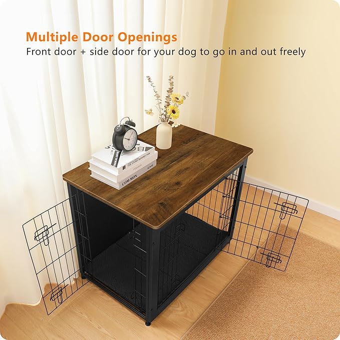 DWANTON Dog Crate Furniture with Cushion, Wooden Kennel Table with Double Doors, Indoor Dog House, Medium Size, 32.5" L, Black+Warm Brown