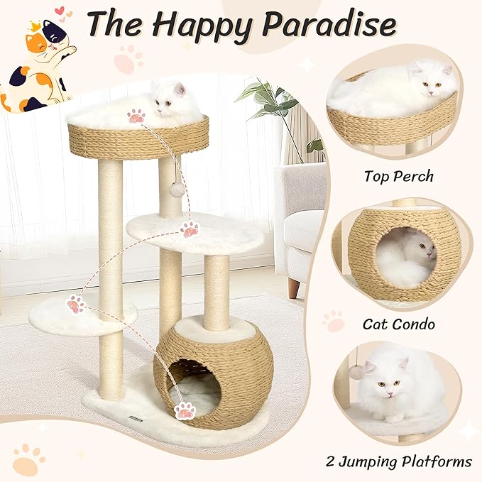 KAMABOKO Modern Cat Tree, 39" Tall Cat Trees for Kittens Climb Play & Rest, Cat-Tree for Indoor Cats w/Natural Sisal Scratching Posts, Hand-Woven Condo & Top Perch