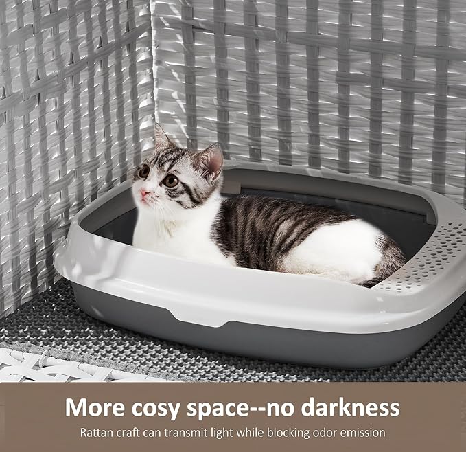 Cat Litter Box Enclosure with Soft Litter Mat; Hidden Cat Washroom Furniture with Door; Handwoven Rattan Cat House with Large Space; Pet Crate for Living Room, Bedroom, Balcony (White)