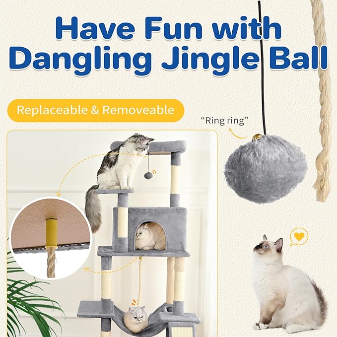 Cat Tree Tower 63in Multi-Level Cat Tower for Indoor Cats with Sisal Scratching Posts, Condo, Hammock, Dangling Ball and Extended Platform for Cats to Play, Light Grey