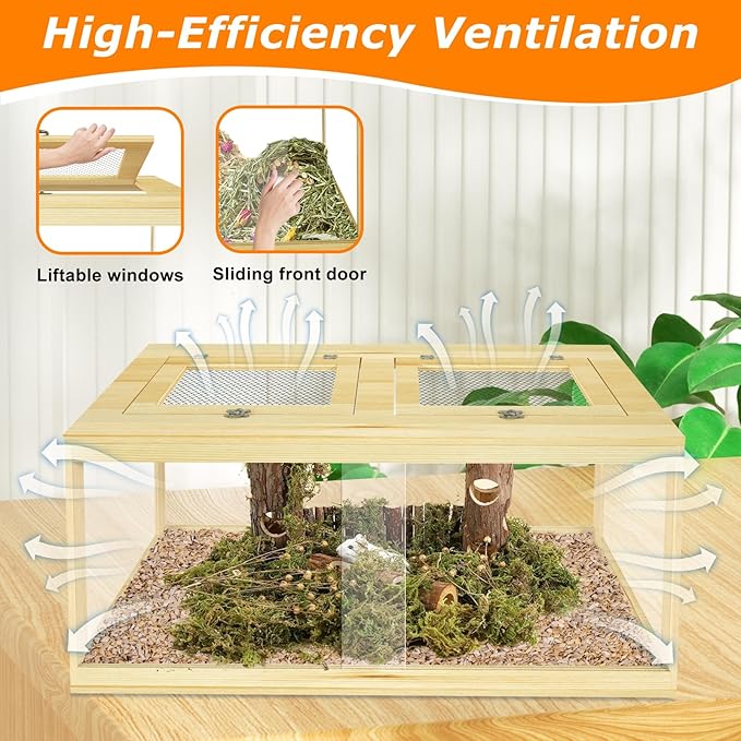 32" Hamster Habitat Enclosure, Lockable Sliding Door Gerbil Cage, Dwarf Hamster Cage with Metal Mesh Roof, Chewproof Syrian Hamster Cage for Mice, Small Animal, (Wooden, 32" L x 16" W x 16" H)