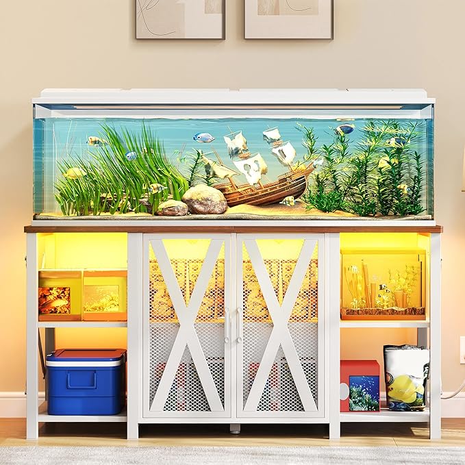 YITAHOME 90-120 Gallon Reptile Tank Stand with Power Outlet & LED Light, Heavy Duty Aquarium Stand with Accessories Storage Cabinet - Metal Fish Tank Stand for Turtle, Reptile, 2000LBS Capacity, White