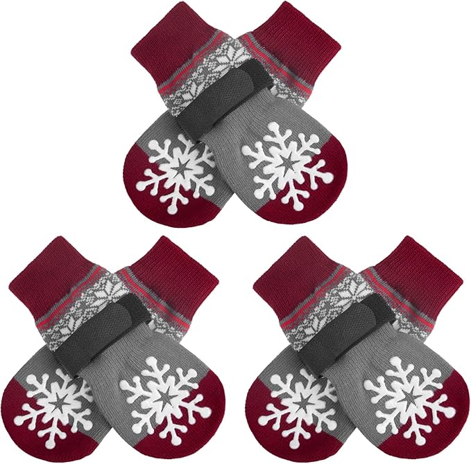 BEAUTYZOO Christmas Winter Anti-Slip Dog Socks with Grips Traction Control for Small Medium Large Dogs, Non Skid Indoor Double Side Pet Paw Protector for Hardwood Floor Wear, Snowflake S
