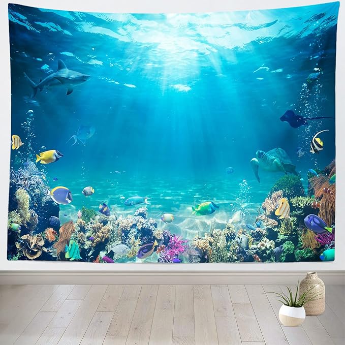 Loccor Underwater World Tapestry Blue Ocean Wall Hanging Under the Sea Coral Reef Wall Tapestry 140x118 Inches Tropical Fish Tank Undersea Tapestries Marine Wall Art for Bedroom Living Room Dorm Decor