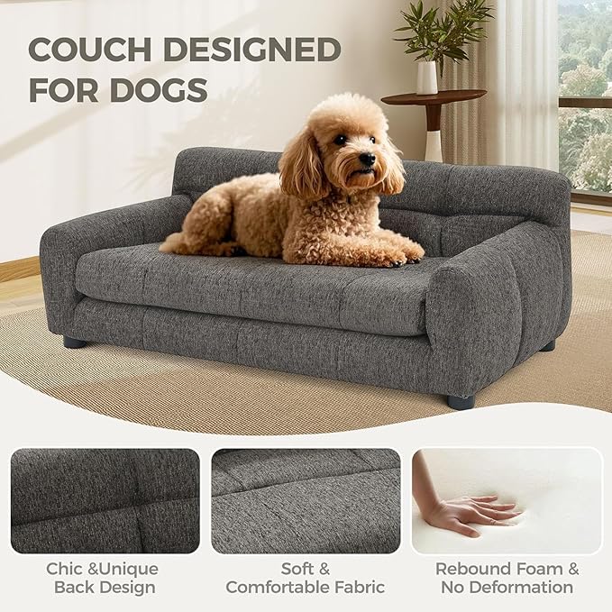 Dog Couch Bed, Mini Sofa for Dogs with Backrest and Armrest, Durable Pet Sofa with Soft Foam Cushion, Elevated Dog Couch Bed with Legs for Medium and Large Dogs, Stone Grey