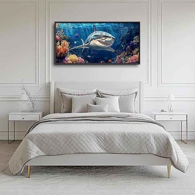 Large Ocean Shark Wall Art for Living Room, Framed Oversized Shark Fish Wall Decor Underwater Marine Life Canvas Painting Modern Artwork for Living Room Bathroom Bedroom Office Dining Room 60"x30"