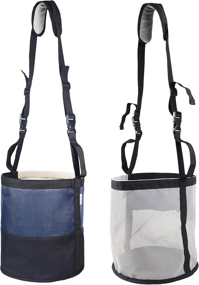 Heavy-Duty Horse Feed Bags - with Adjustable Strap, Comfort Neck & Nose Pads, and Double Waterproof Bottom Mesh (2-Pack) (Blue+Light Grey)