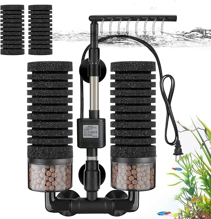 Aquarium Electric Sponge Filter with Submersible Water Pump Silence Motor for Shrimps,Bettas with Bio Ceramic Media Balls and 2 Spare Sponge,Venturi Nozzle and Rain Mode (S for 10-20 Gal)