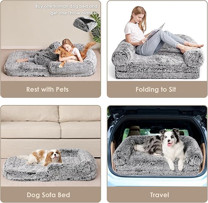EHEYCIGA Foldable XXL Dog Bed, Faux Fur Fluffy Pet Couch Bed for Extra Large Dogs, Orthopedic Calming Memory Foam Pet Bed, Washable Soft Pet Sofa Bed with Non-Slip Bottom, Faded Black, 54"x38"x7.5"