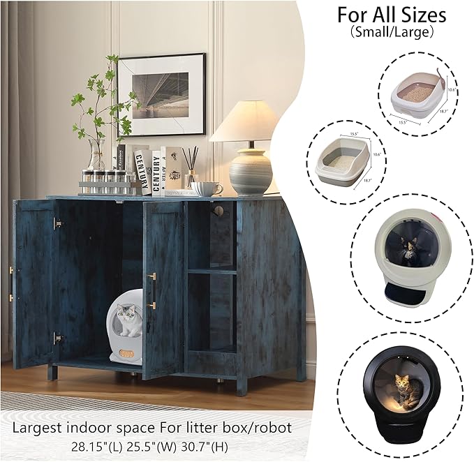 Cat Litter Robot Enclosure, Enclosure for self-Cleaning Litter Boxes,Adjustable Shelf for Dog Proof and Storage,Charging Station,Locks Added for cat,Large Indoor Cat House,Blue