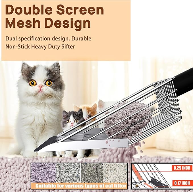 Heavy Duty Stainless Steel Cat Litter Scoop with Holder - Non-Slip Handle, Quick-Sifting Grid & Easy to Clean