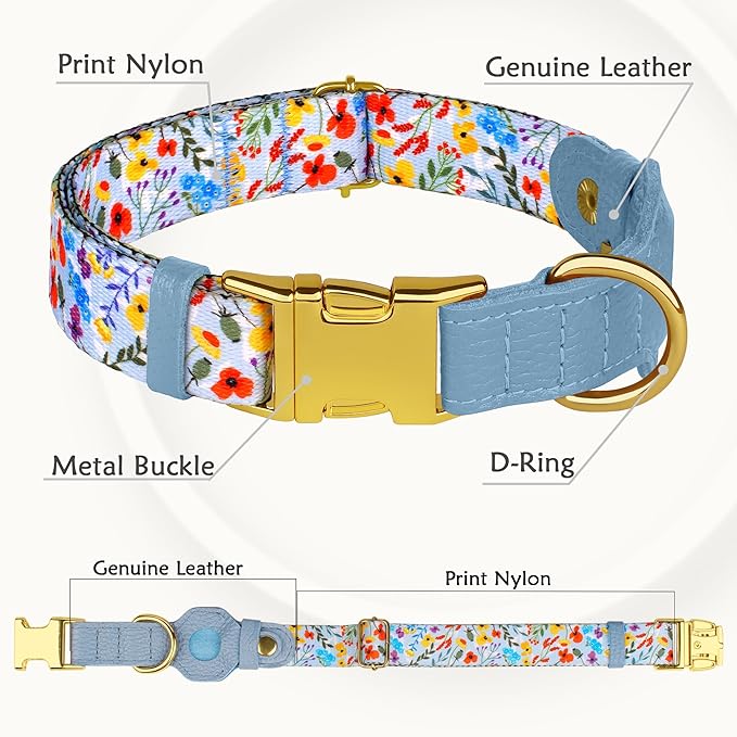 AirTag Dog Collar for Small Medium Large Breed - Adjustable Cute Pattern Dog Collar with Airtag Holder - Soft Leather Tracker GPS Apple Air Tag Pet Collars (Small, 12"-15" Neck Fit, Floral)
