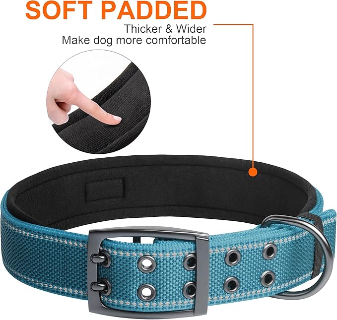 Fida Heavy Duty Dog Collar 1.5” Width, Ultra Soft Neoprene Padded, Adjustable Reflective Nylon Pet Collar with Two Metal Pin Belt Buckle for Extra-Large Breeds (XL, Blue)