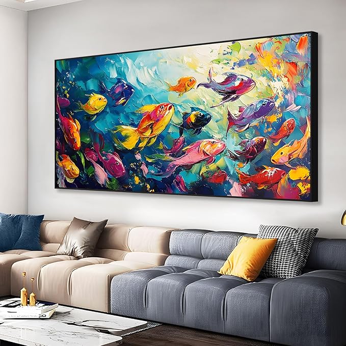 School of Fish Printed Canvas Wall Art – Framed Abstract Ocean Print – Vibrant Fish Wall Decor for Living Room, Bedroom, Office (Black Framed, 62"x31"|160x80cm)