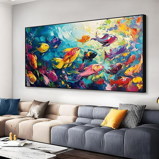 School of Fish Printed Canvas Wall Art – Framed Abstract Ocean Print – Vibrant Fish Wall Decor for Living Room, Bedroom, Office (Black Framed, 24"x12"|60x30cm)