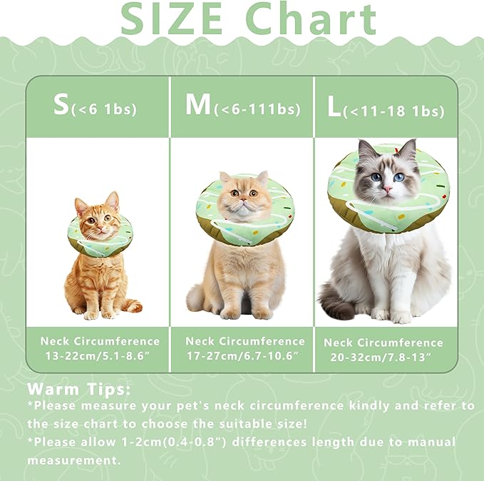 Cat Cone Collar Soft, Adjustable Cat Recovery Collar Kitten Cones to Stop Licking, Cute Donut E Collar After Surgery, Cats Neck Pillow Cone Elizabethan Cones of Shame (Waterproof Green, Large)
