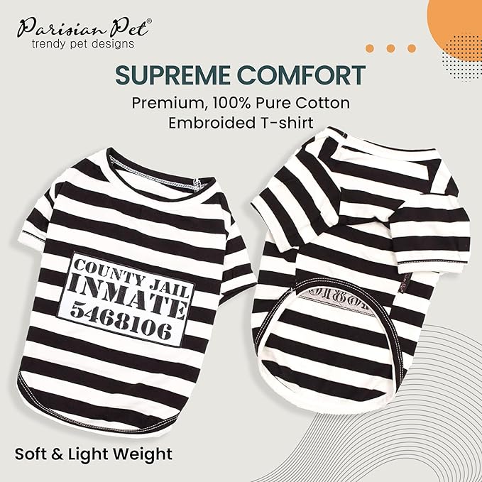 Parisian Pet - Medium Dog Shirt - Black & White Striped - Cotton & Polyester - Sleeved & Lightweight - Prisoner Dog Theme (Medium)