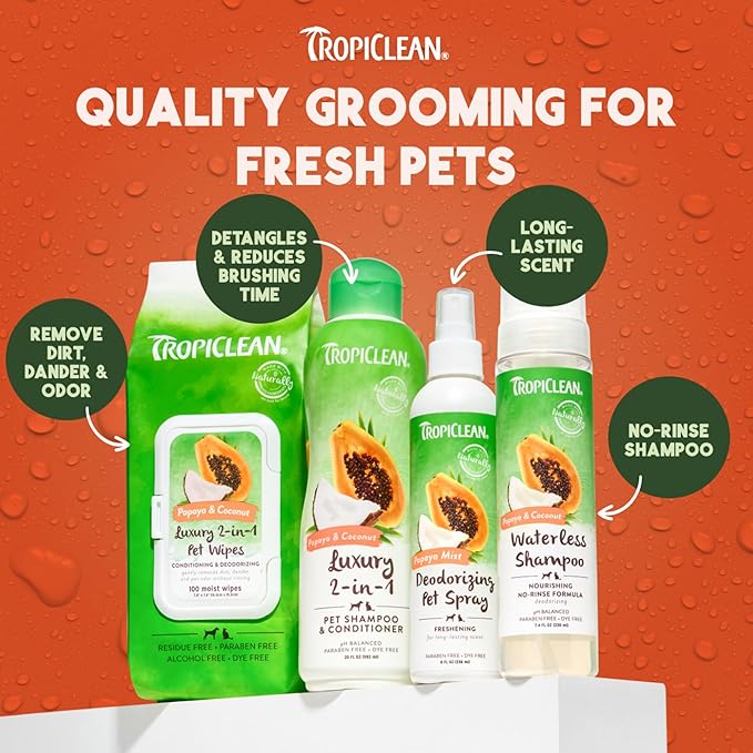 TropiClean Dog Perfume, Long Lasting Papaya Cologne, Deodorizing Spray for Smelly Dogs, After Bath Detangling Spray with Vitamin E, Safe for Cats, 8oz.