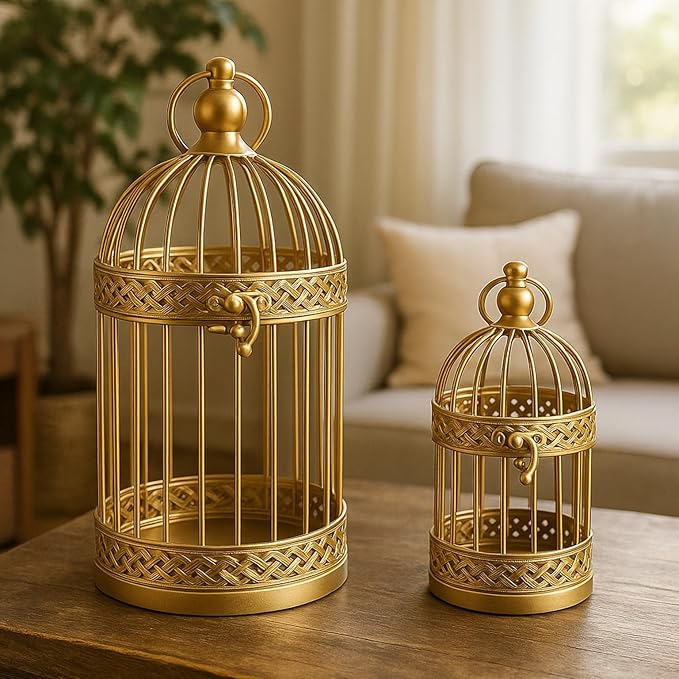 VELA LANTERNS Birdcage Decor Candle Holder Lantern Decorative Wedding Table Centerpiece Decorations, 10" and 6" Tall, Gold, Set of 2