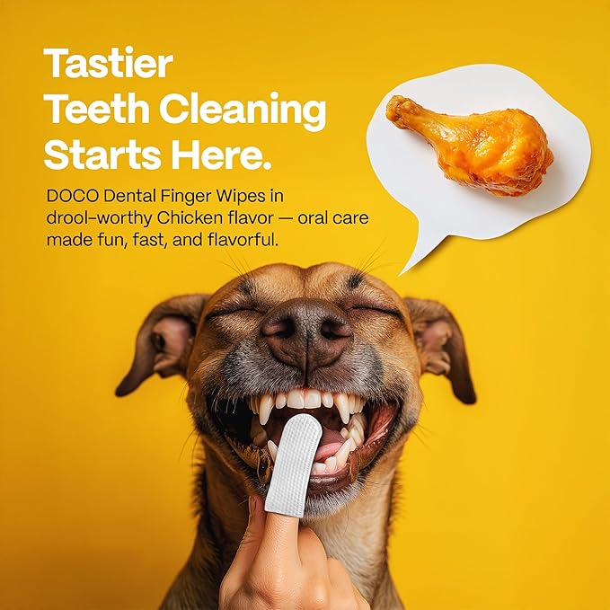 DOCO Dog Teeth Cleaning Wipes Dental Finger Wipes for Cats & Dogs Remove Plaque & Tartar, Freshen Breath, No Rinse, Easy & Effective Pet Tooth Cleaning Kit for Oral Care, Chicken Flavor, 100 Count
