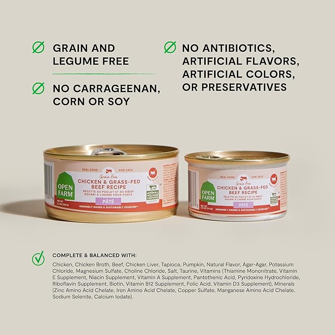 Open Farm Canned Cat Food, Paté for Complete & Balanced Nutrition, Grain-Free and Legume-Free Wet Cat Food, Chicken & Beef Recipe, 2.8oz Cans (Case of 18)
