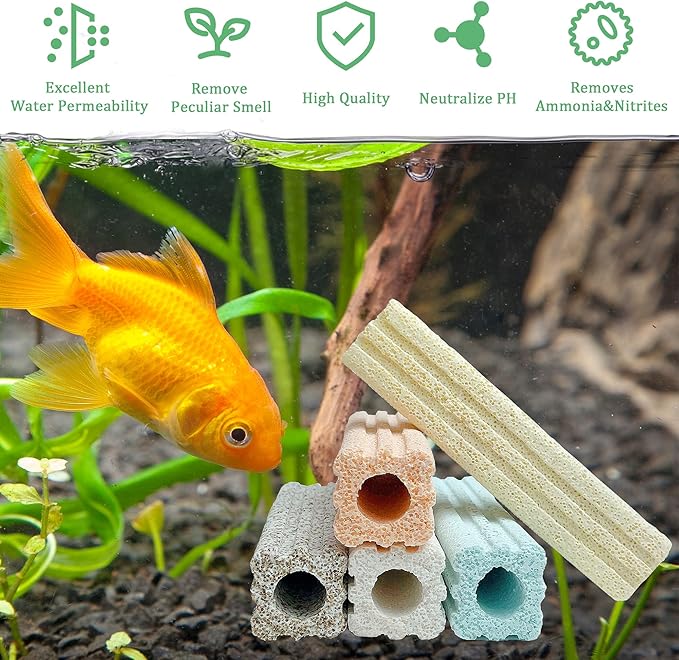 SHIGATSU Bio Aquarium Filter Media, 6.1”Long Ceramic Filter Bio Media for Saltwater and Freshwater Pond Fish Tank（30 pcs）