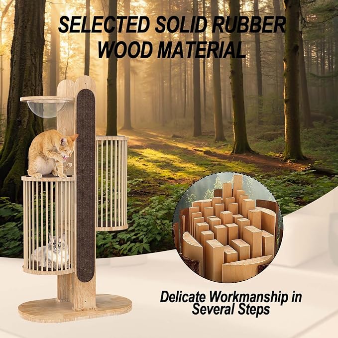 Modern Cat Tree Tower for Indoor Cats, 67" Tall Solid Wooden Cat Tower with Scratching Posts, 6 Level Natural Luxury Cat House with Big Bed, Washable Cushions Cat Furniture for Large Cats Brown