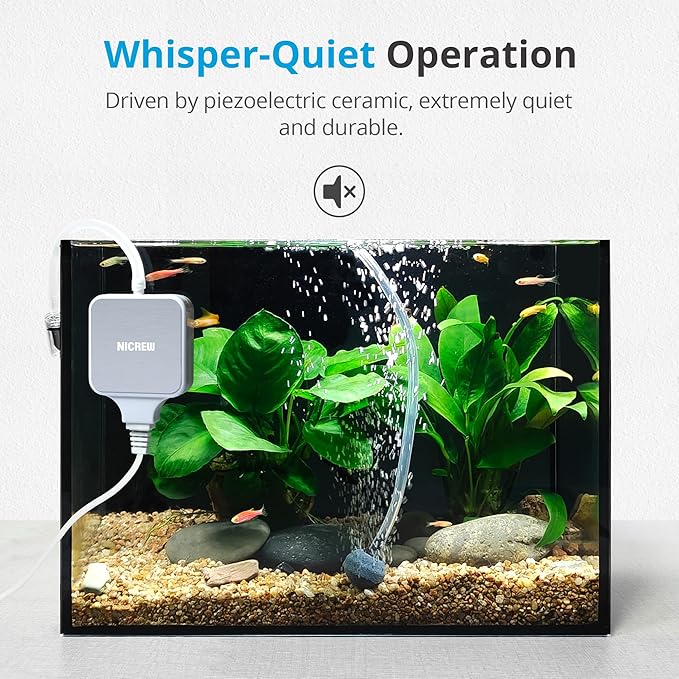 NICREW Nano Silent Aquarium Air Pump White, Aquarium Aerator with Accessories for Up to 10 Gallon Fish Tank, Super Quiet, 0.3 L/min, 1.5 Watts