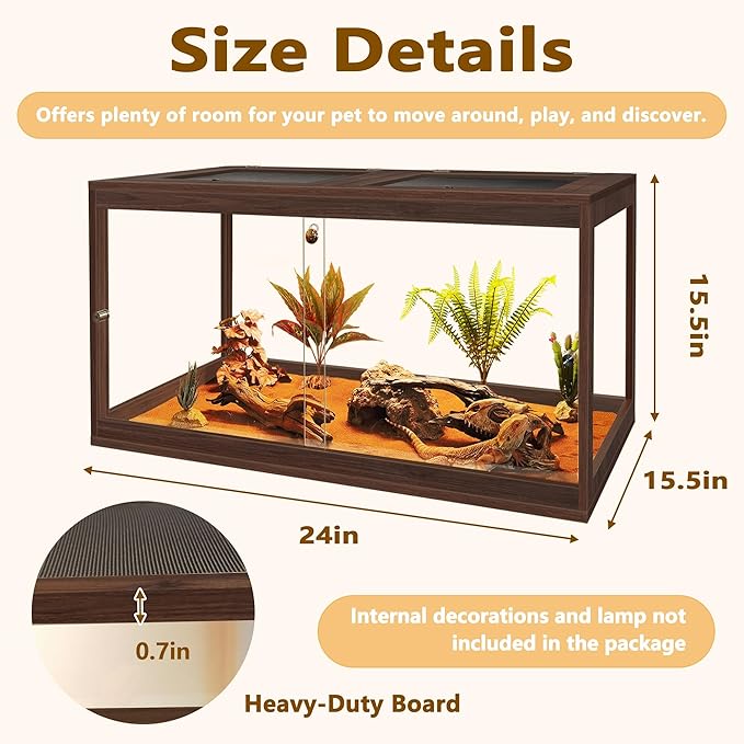 Bearded Dragon Tank,27 Gallon Reptile Tank with Meatl Mesh Roof and Front Sliding Door, Anti-Scratch Lizard Tank,Spacious Reptile Enclosure for Snakes,Lguanas, Chameleons(Walnut)