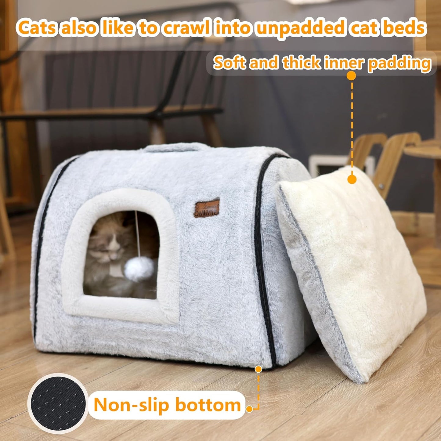 cat Bed cave-cat beds for Indoor Cats,Soft and Comfortable,Cute cat House,with Removable Washable Cushioned Pillow,Enclosed cat Bed,Kitty pet hut、Hideaway,Small Dog Tent, (Gray/Pink)